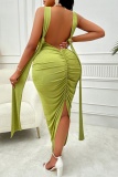 Sexy Solid Backless Slit V Neck Wrapped Skirt Plus Size Dresses