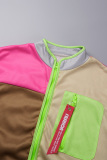 Casual Color Block Patchwork Pocket Zipper O Neck Long Sleeve Two Pieces