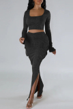 Casual Solid Slit U Neck Long Sleeve Two Pieces