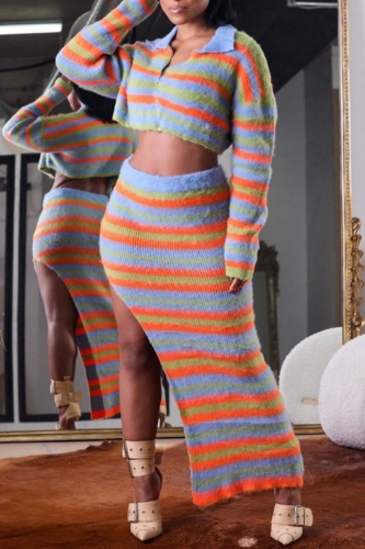 Casual Striped Patchwork Turndown Collar Long Sleeve Two Pieces
