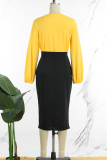 Yellow Elegant Patchwork Patchwork Pocket Buckle O Neck Long Sleeve Two Pieces