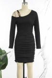 Casual Solid Basic Oblique Collar Long Sleeve Dresses