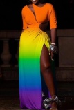 Sexy Rainbow Gredient High Slit Round Neck Long  Maxi Dresses