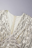 Elegant Solid Sequins Patchwork V Neck Long Dress Dresses