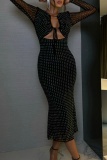 Sexy Casual Patchwork Sequins Frenulum V Neck Long Sleeve Dresses