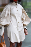 Elegant Solid Patchwork Buckle Slit Shirt Collar Long Sleeve Plus Size Dresses