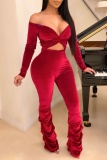 Sexy Casual Solid Hollowed Out Backless Fold Off the Shoulder Skinny Jumpsuits