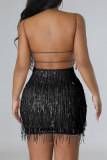 Celebrities Solid Sequins Patchwork Backless Spaghetti Strap Wrapped Skirt Dresses