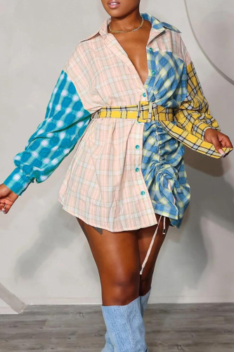 White Pink Street Plaid Bandage Patchwork Draw String Buckle Turndown Collar Tops