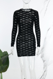Casual Patchwork See-through O Neck Long Sleeve Dresses