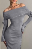 Casual Solid Draw String Frenulum Off the Shoulder Long Sleeve Dresses