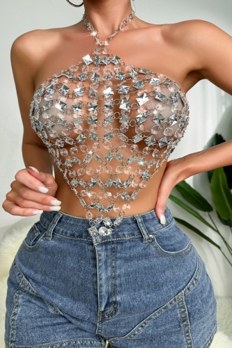 Sexy Patchwork Hollowed Out See-through Backless Halter Tops