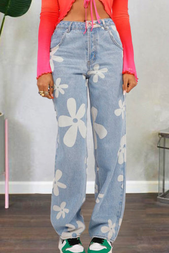 Street Print Patchwork Buttons Zipper High Waist Straight Denim Jeans