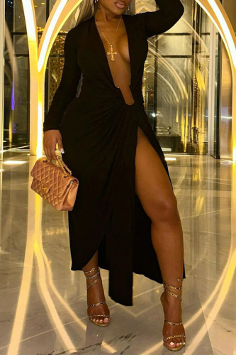 Sexy Party Elegant Plain Slit V Neck Long Sleeve Dresses Sexy Party Elegant Plain Slit V Neck Long Sleeve Dresses