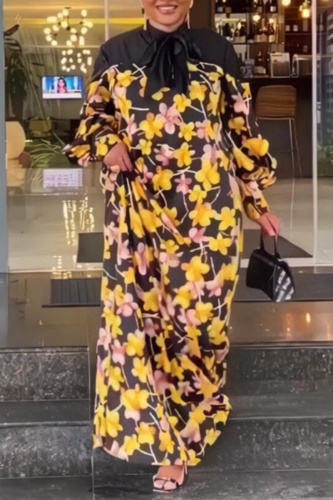 Casual Print Patchwork Frenulum O Neck Long Dress Plus Size Dresses Casual Print Patchwork Frenulum O Neck Long Dress Plus Size Dresses