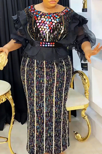 Casual Patchwork Sequins Hot Drill O Neck Pencil Skirt Plus Size Dresses