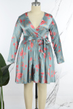 Casual Print Patchwork V Neck Pleated Plus Size Dresses
