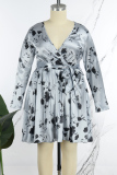 Casual Print Patchwork V Neck Pleated Plus Size Dresses