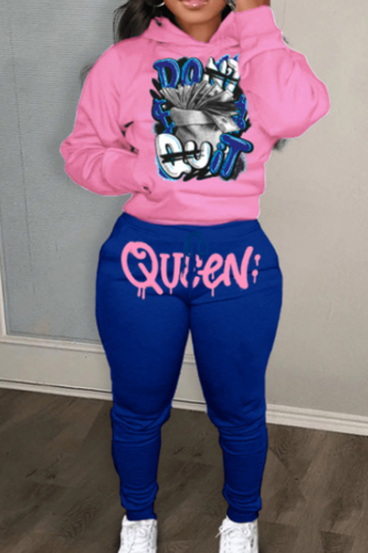 Casual Print Patchwork Hooded Collar Long Sleeve Two Pieces