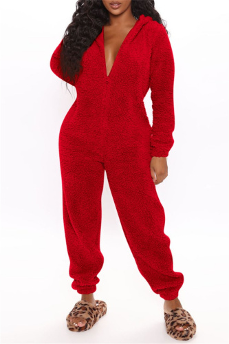 Casual Living Solid Patchwork Hooded Collar Regular Jumpsuits