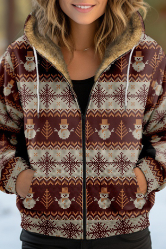 Casual Print Patchwork Zipper Hooded Collar Outerwear