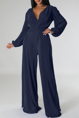 Tibetan Blue Casual Solid Patchwork V Neck Regular Jumpsuits