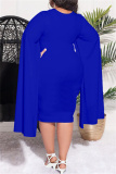 Blue Casual Solid Patchwork Square Collar Long Sleeve Plus Size Dresses