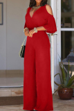 Casual Solid Hollowed Out V Neck Regular Jumpsuits