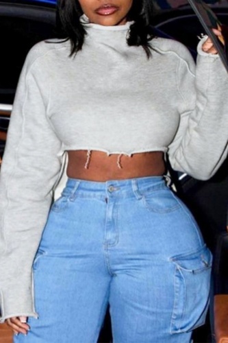 Casual Solid Asymmetrical Turtleneck Tops