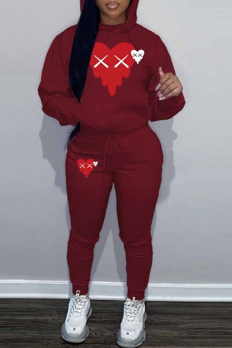 Casual Print Patchwork Hooded Collar Long Sleeve Two Pieces