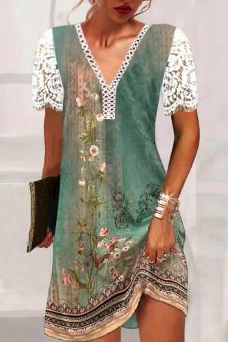 Casual Print Patchwork V Neck Short Sleeve Dress (Subject To The Actual Object)