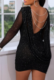 Sexy Party Elegant Chains Backless Sequined O Neck Wrapped Skirt Dresses