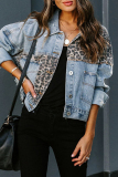 Casual Leopard Ripped Pocket Turndown Collar Outerwear