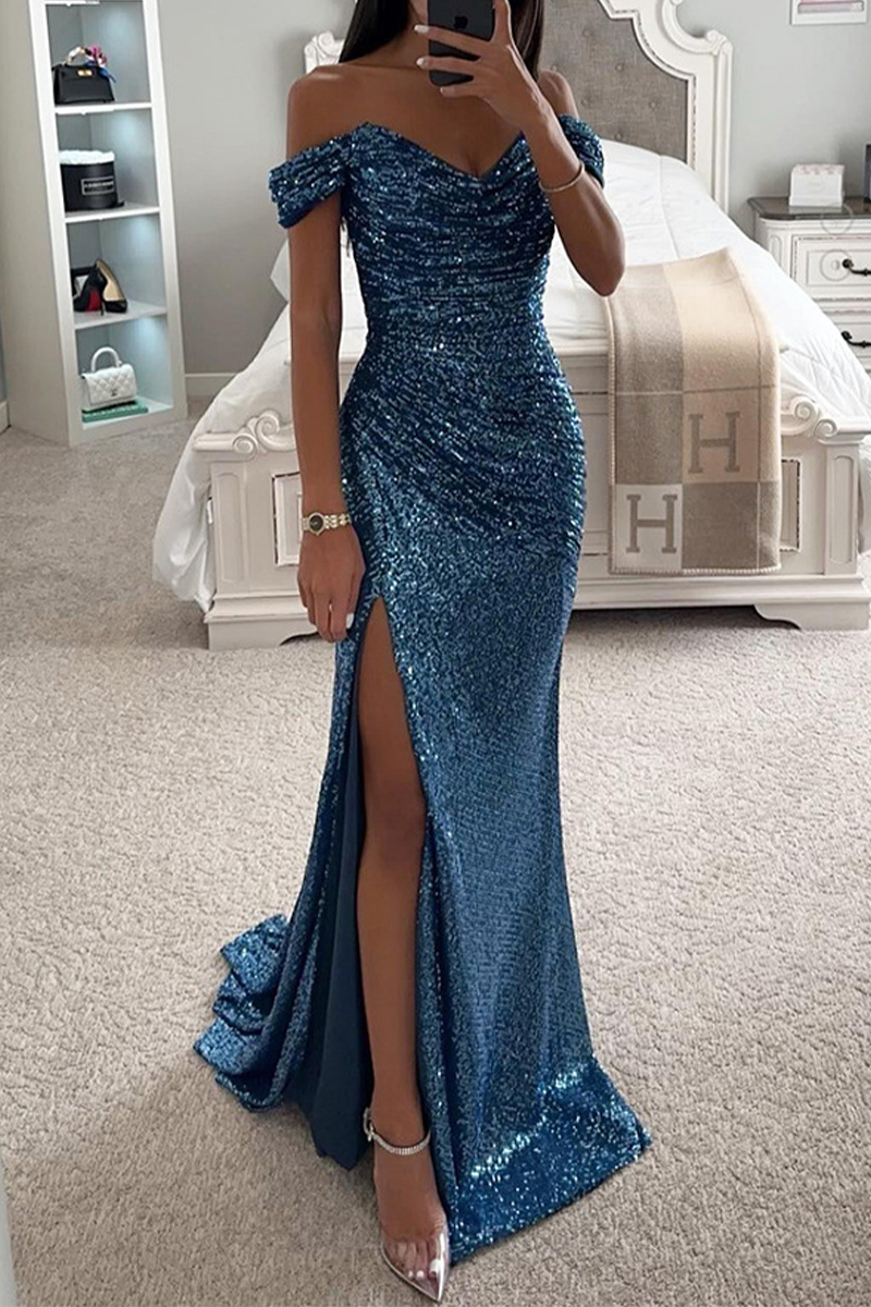 Wholesale Elegant Solid Sequins High Opening Off the Shoulder Evening ...