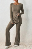 Casual Solid Slit O Neck Long Sleeve Two Pieces