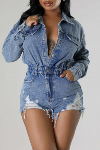 Casual Solid Ripped Turndown Collar Long Sleeve Regular Denim Jumpsuits