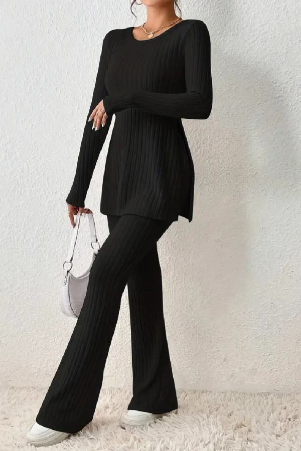 Casual Solid Slit O Neck Long Sleeve Two Pieces