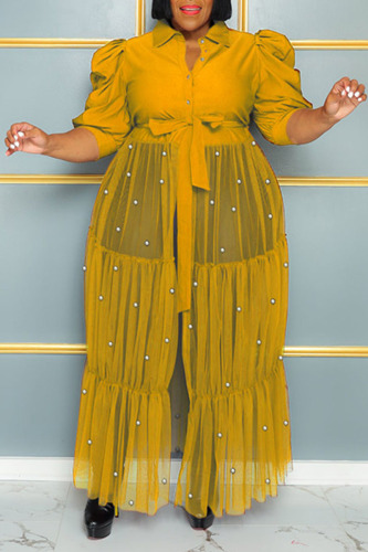 Yellow Casual Solid Bandage Patchwork Buckle Beading Turndown Collar Straight Plus Size Dresses