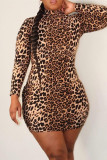 Fashion Casual Leopard Printing Turtleneck Long Sleeve Plus Size Dresses