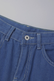 Street Solid Patchwork Pocket Buttons Zipper High Waist Straight Denim Jeans