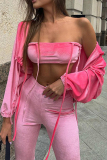 Sexy Solid Bandage Patchwork Zipper Halter Long Sleeve Three Pieces