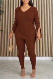 Casual Solid Slit V Neck Long Sleeve Two Pieces