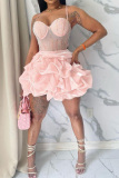 Pink Sweet Daily Party Formal Patchwork Rhinestone Spaghetti Strap Sleeveless Dress Dresses
