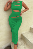 Light Green Sexy Solid Hollowed Out O Neck Pencil Skirt Dresses