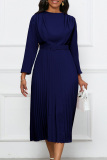 Casual Solid With Belt O Neck Long Sleeve Dresses