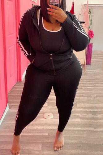Casual Solid Patchwork Zipper Hooded Collar Plus Size Two Pieces