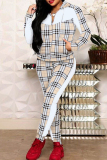 Casual Plaid Draw String Pocket Zipper Zipper Collar Long Sleeve Two Pieces