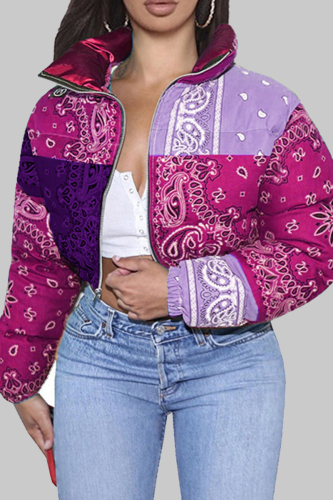 Casual Print Patchwork Zipper Mandarin Collar Outerwear