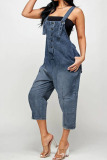 Light Blue Street Solid Patchwork Buckle Square Collar Straight Jumpsuits