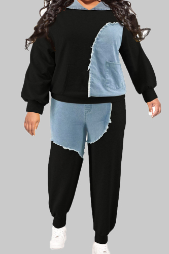 Casual Color Block Patchwork Pocket Turndown Collar Plus Size Two Pieces